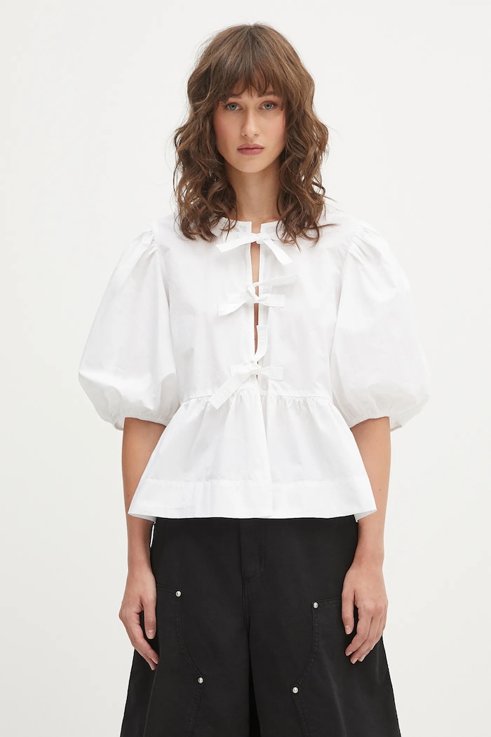 GANNI Cotton Poplin Peplum plain cotton Women's ruffle blouse