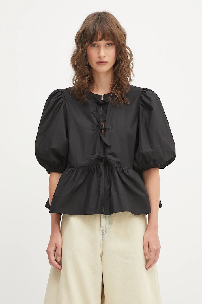 GANNI Cotton Poplin Peplum ruffle blouse Women's cotton plain